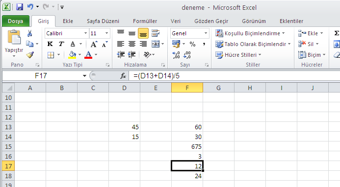 Microsoft Excel Uygulaması 2 Dört Temel İşlem: MS Excel hücrelerinde doğrudan değerlere ya da hücre başvurularına bağlı olarak hesaplamalar yapmak mümkündür.