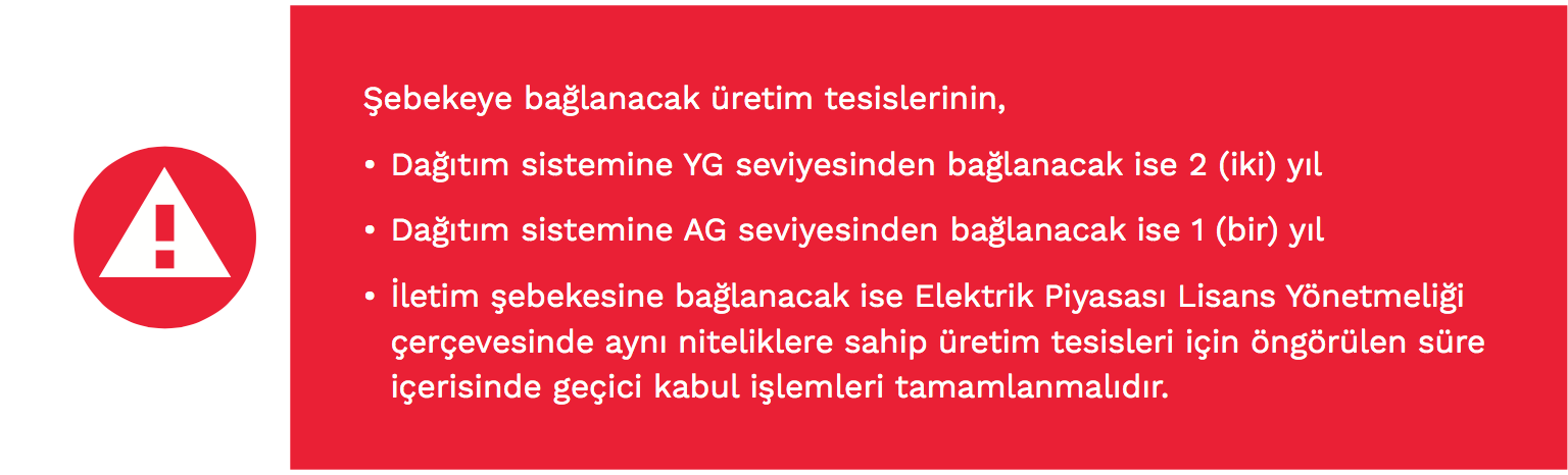 Üretim Tesisinin Geçici Kabulü ve Tesisin İşletmeye Alınması Yönetmelik kapsamında Bağlantı Anlaşmasına Çağrı Mektubunu aldıktan sonra gerekli belgeleri ve işlemlerini tamamlayan, Sistem Bağlantı