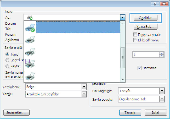 Windows ile belgeye bir filigran ekleme 1. Yazılım programındaki Dosya menüsünde Yazdır'ı tıklatın. 2. Ürünü seçin ve ardından Özellikler veya Tercihler düğmesini tıklatın. 3.