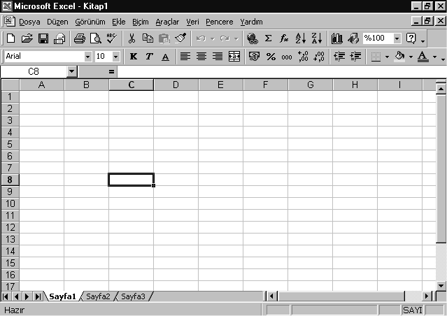 Microsoft Excel çalıģtırıldığında 3 sayfadan oluģan boģ bir çalıģma kitabı yaratarak ilk görüntüyü hazırlar. ÇalıĢma ekranındaki öğeleri tanımlayalım.