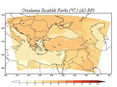 benzer şekilde 5-6 C lik bir artış bekleneceği sonucuna ulaşılmıştır (Demir ve diğ., 2010). Yapılan çalışmalar sonucunda Türkiye için elde edilen öngörülere ait harita Şekil 5.22 de görülmektedir.