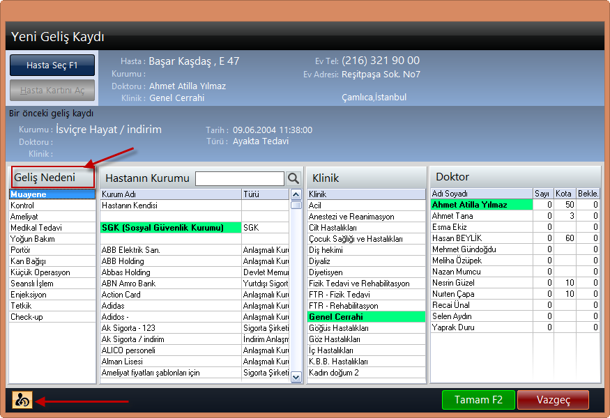 Yenilenen Yeni Geliş açma ekranı Yenilenen yeni geliş açma ekranında artık hastanın geliş nedeni bilgisini almaya başladık, bu sayede hastanın geliş nedenine göre işlemlerin daha otomatize bir