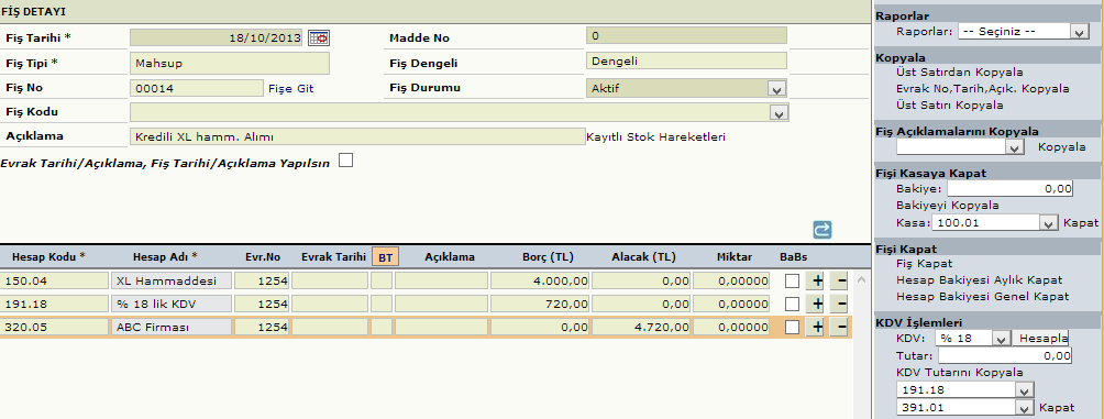 Örnek Fiş İşlemleri-2 (Mahsup Fişi) İşletme 18.10.