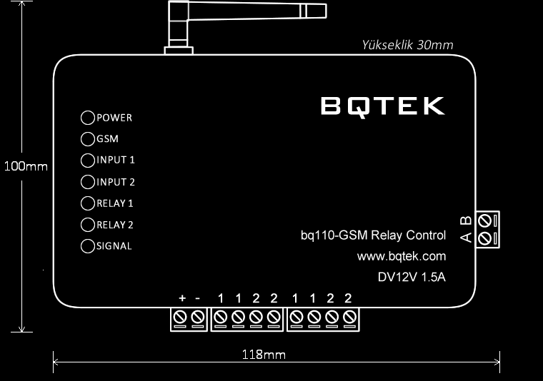 2.3 Cihaz Boyutları Şekil 4: bq110 Cihaz Boyutları 3. Cihaz İşlemleri 3.1 Alarm Giriş 1,2 Her alarm girişinin kapanma(kısa devre olma) veya açılma durumu olmak üzere iki alarm durumu vardır.