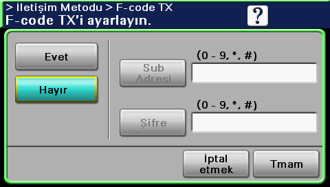 5.9 Gizli dokümanların gönderilmesi 5 1 2 3 Referans - F-code aktarımını gerçekleştirmek için alıcının faks makinesinde gizli bir kullanıcı kutusu ve şifre belirtilmelidir.