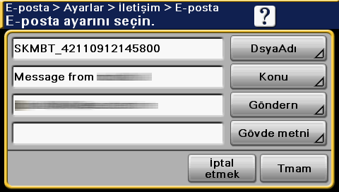 6.6 Dokümanların e-posta ile gönderilmesi 6 1 2 Öğe DsyaAdı Konu Göndern Gövde metni Açıklama Eklenen dosyanın adı değiştirilebilir. E-posta mesajının konusu değiştirilebilir. [Yönetici E-psta Adr.