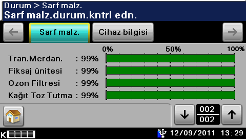 1 1.16 Sarf malzemeleri % Durum ekranını görüntüler. Sarf malzemeleri 1.