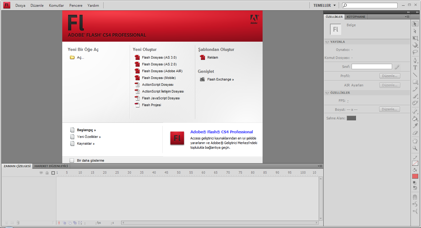 2 Bölüm 1 Flash ile Başlamak Flash Arayüzünü Tanımak Flash programı ilk açıldığında Hoşgeldiniz Ekranı ile karşılaşılır.