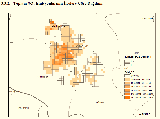 Örnek Şekil-18 : Toplam emisyonların ilçelere dağılım haritası örneği- Kentlerde Hava Kalitesi Değerlendirme Sisteminin Geliştirilmesi (KENTAIR) Projesi, Gaziantep İli Hava Kalitesi Değerlendirme