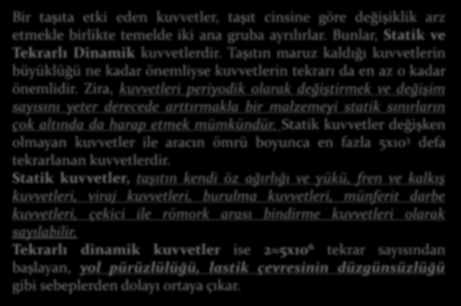 TAŞITA ETKİ EDEN STATİK KUVVETLER Bir taşıta etki eden kuvvetler, taşıt cinsine göre değişiklik arz etmekle birlikte temelde iki ana gruba ayrılırlar. Bunlar, Statik ve Tekrarlı Dinamik kuvvetlerdir.