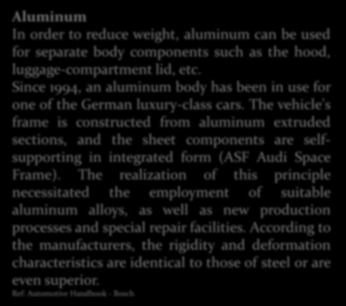 Reading text - Body materials Aluminum In order to reduce weight, aluminum can be used for separate body components such as the hood, luggage-compartment lid, etc.