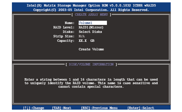 RAID 1 seti (yansım a) oluşturm ak RAID 1 setioluşturm ak için: 1. Aracın ana m enüsünden, 1. Create RAID Volume m addesiniseçin ve <Enter>a basın. Bu ekran görüntülenecektir. 2.