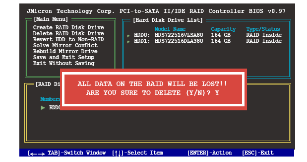 RAID setini silmek 1. JMB363 RAID BIOS ana menüsünde, Delete RAID Disk Drive m addesiniseçm ek için ok tuşlarınıkullanın ve <Enter>a basın. 2.