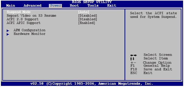 4.5 Power menu Pow er m enü m addeleriacpi (Advanced Configuration and Pow er Interface) ve APM (Advanced Pow er M anagem ent) özellikleriniayarlam aya izin verir. 4.5.1 Suspend Mode [Auto] Sistem askıdayken ACPI (Advanced Configuration and Power Interface) durum unu seçm eye izin verir.