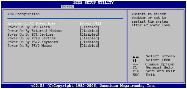 4.5.5 APM Configuration Restore On AC Power Loss [Power Off] Pow er O ff işaretlendiğinde,ac güç kesildiğianda sistem kendinikapatır.