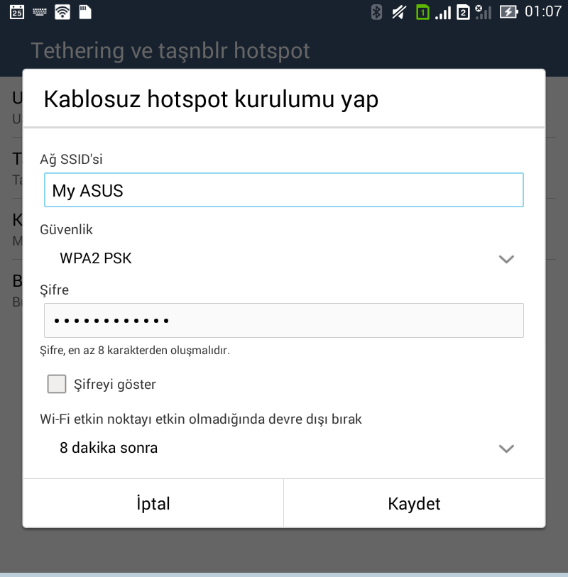 Bağlantı Paylaşma Wi-Fi hizmeti kullanılamadığında, dizüstü bilgisayarınız, tabletiniz ve diğer mobil aygıtlarınızda Internet erişimi elde etmek için ASUS tabletinizi bir modem olarak kullanabilir