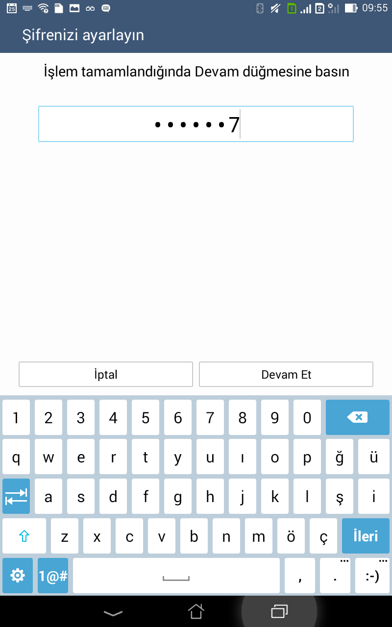 Şifre Bir şifre oluşturmak için en az dört karakter girin. ÖNEMLİ! Tabletinizin kilidini açmak için oluşturduğunuz şifreyi numarasını unutmadığınızdan emin olun.
