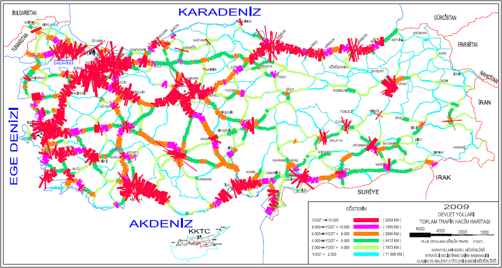 ġekil 46: Devlet Yolları Toplam Trafik Hacim Haritası (2009) Kaynak: Karayolu İstatistikleri, Karayolları Genel Müdürlüğü.