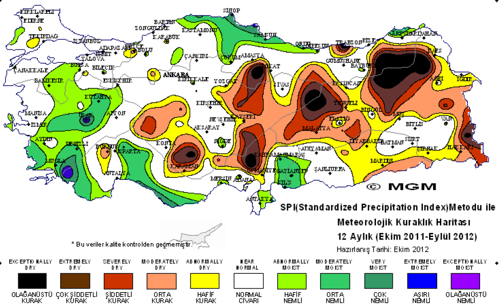 ġekil 1: SPI Metodu ile 2011 2012 Tarım Yılı 12 Aylık Kuraklık Değerlendirmesi Kaynak: Türkiye nin 2011 2012