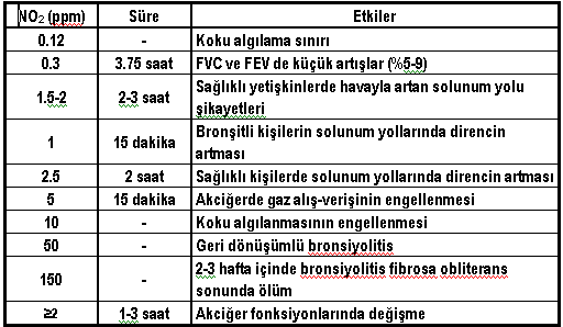 Tabloda görüldüğü gibi azot dioksitin konsantrasyonu