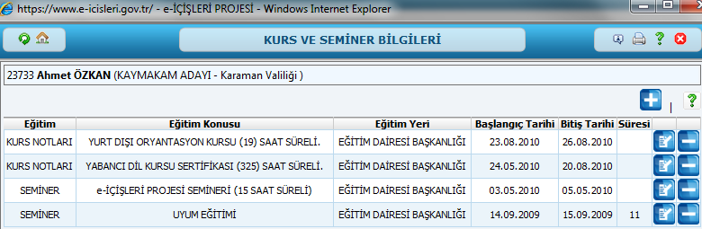 3.2.12.Askerlik bilgileri; Yeni Askerlik Bilgisi eklemek için butonunu kullanılır. Personel için birden fazla askerlik bilgisi girilmesine izin verilmemektedir.