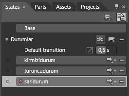 Resim 1.28: Durum ekleme Durumlar grubu oluştuktan sonra yukarıdaki resimde okla gösterilen Add State ikonuna tıklayarak, grup içine yeni bir durum oluşturup daha sonra bu duruma isim vereceğiz.