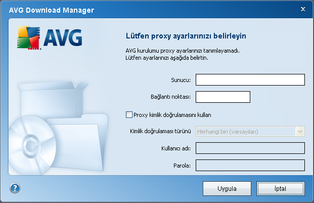4.3. Proxy Ayarları AVG Download Manager, Proxy ayarlarinizi tanimlayamiyorsa manüel olarak girmelisiniz.