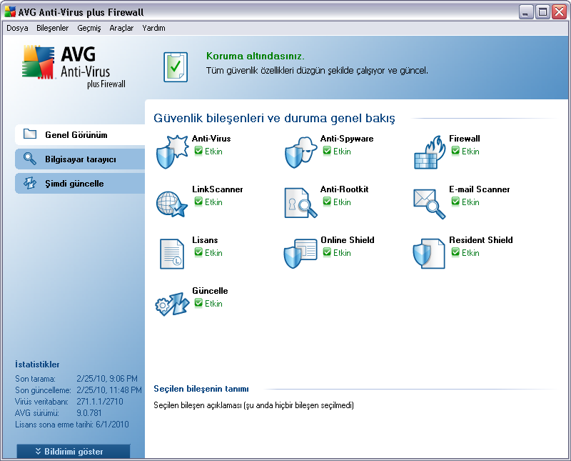 7. AVG Kullanıcı Arayüzü AVG 9 Anti-Virus plus Firewall, ana pencerede açilir: Ana pencere çok sayida bölüme ayrilir: Sistem Menüsü (penceredeki en üst sistem çubugu)tüm AVG bilesenlerine,