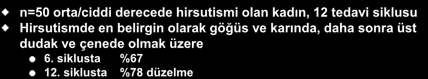 Hirsutismde düzelme, % DRSP/EE Hirsutism n=50 orta/ciddi derecede hirsutismi olan kadın, 12 tedavi siklusu Hirsutismde en belirgin olarak göğüs ve karında, daha sonra üst dudak ve çenede olmak üzere