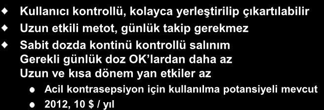 NES Vaginal Halka Avantajları Kullanıcı kontrollü, kolayca yerleştirilip çıkartılabilir Uzun etkili metot, günlük takip gerekmez Sabit dozda kontinü kontrollü salınım Gerekli günlük doz OK lardan