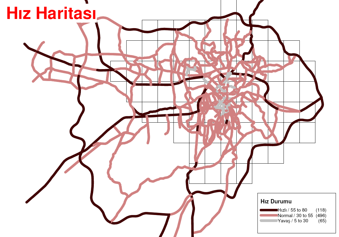 Harita 5: Hız Haritası Ayrıca oluşturulan hız haritası, kent içerisinde erişimi kuvvetli bölgelerin tespiti yapmak amaçlı da kullanılmıştır.