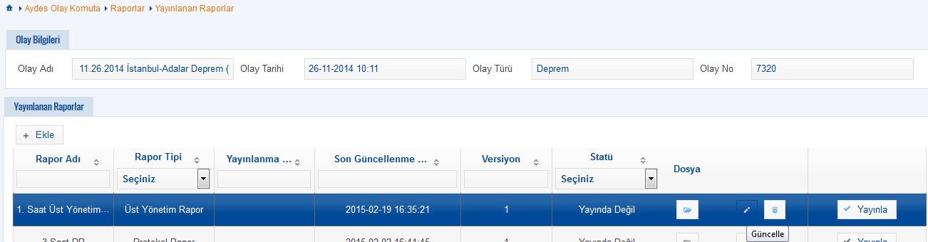 2.4 Yayınlanan Raporları Güncelleme YAYINLANAN RAPORLAR FORMU Gerçekleşen bir olay ile Üst Yönetim Raporu, Protokol Raporu, Basın Raporu ve/veya Teknik Raporların güncellendiği menüdür.