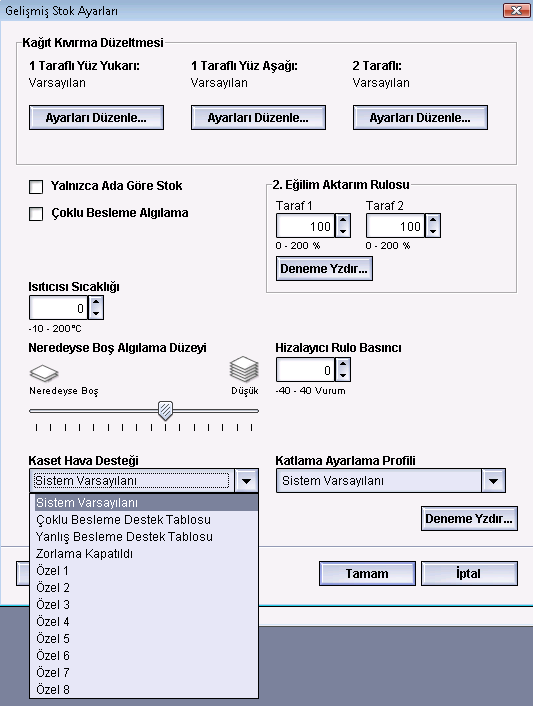 Gelişmiş Stok Ayarları Kaset Hava Desteği Kaset Hava Desteği seçeneği, kağıt kasetlerinizdeki ortam koşullarını en iyi duruma getirmenizi ve kontrol etmenizi sağlar, bu da en iyi baskı becerisi