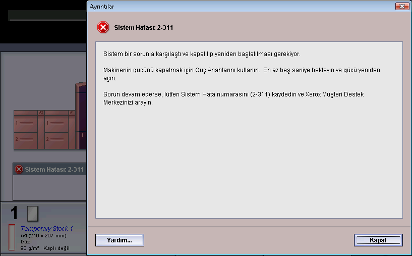 Sistem Ayarları Hata Ayrıntıları penceresi Varsayılan olarak UI, alarm, uyarı ya da hata hakkında ek