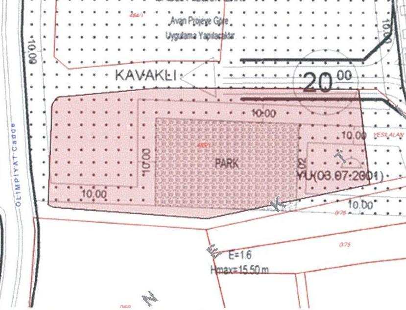 Dijital ortamda yapılan ölçümlere göre parsel alanının yaklaşık olarak 3.772,98 m 2 si Park Alanı, 875 m 2 si Dini Tesis Alanı, 465 m 2 si Konut Alanı ve 6.