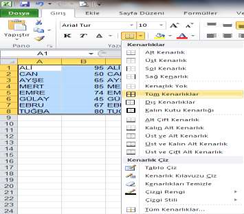 Tablo Çizme işlemleri: ÖNEMLİ: Excel de bir tablo oluşturulurken öncelikle tabloda bulunan veriler girilir.