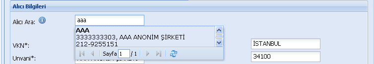 3. ALICI ARA alanı önceden Adres Defterine kaydedilen müşteri bilgilerini otomatik olarak getirmekte kullanılmaktadır.