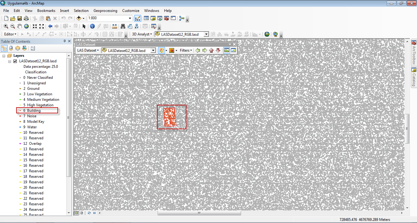 Geride kalan adımlarda ArcMap arayüzünde LASDataset12_RGB katmanı üzerinde profil alma ve bu