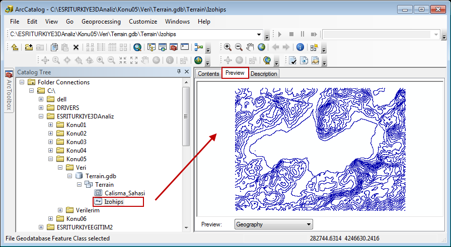 ArcCatalog arayüzünde Preview sekmesine geçerek Catalog Tree alanında Terrain feature dataseti içerisinde yer alan katmanlara tıklayarak önizlemesini