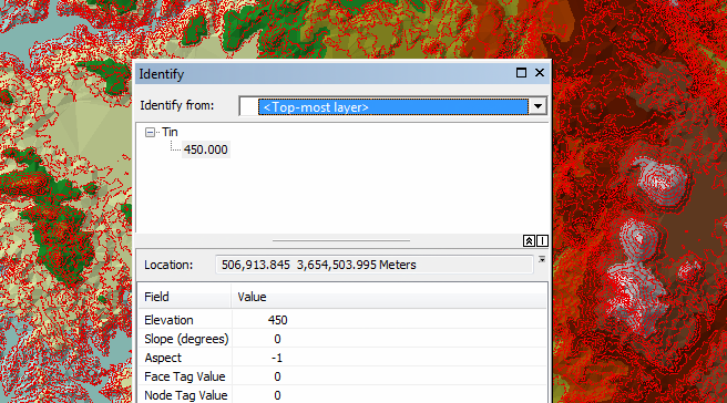 Identify aracı ile model yüzeyiniz üzerinde herhangi bir yere tıkladığınızda TIN verinizin tek bir katmanda elevation (yükseklik), slope(eğim) ve