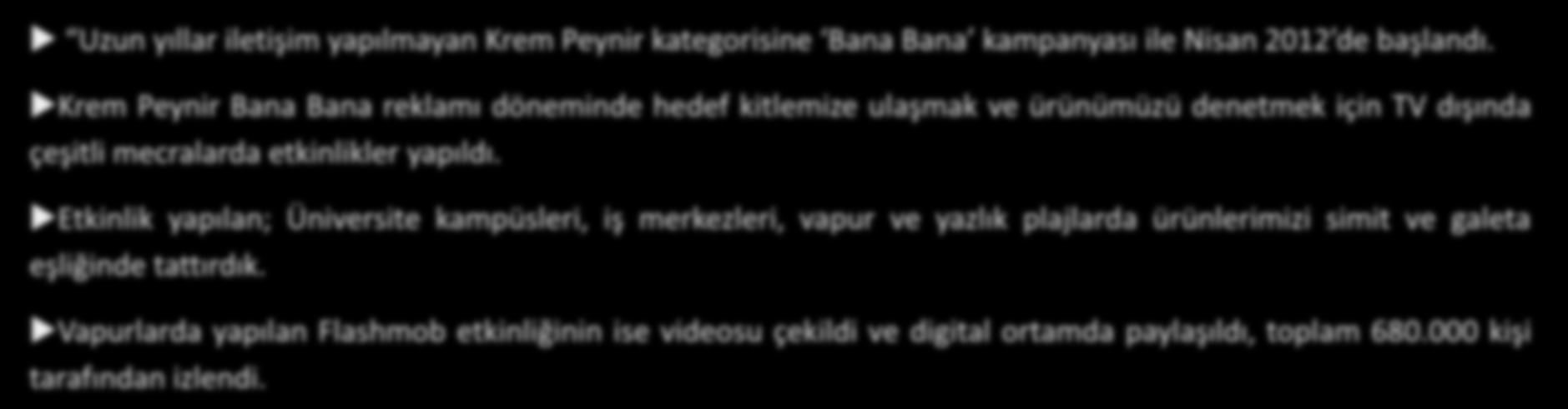 Krem Peynir Bana Bana reklamı döneminde hedef kitlemize ulaşmak ve ürünümüzü denetmek için TV dışında çeşitli mecralarda etkinlikler