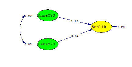 50 x²=9297,07 sd=4273 p=0,00000 RMSEA=0,063 Şekil-12 de görüldüğü gibi, x²=9297,07 ve sd=4273 olduğu görülmektedir. Bu değerlerin birbirine oranlanmasıyla x²/sd oranı 2,17 oranı bulunmuştur.