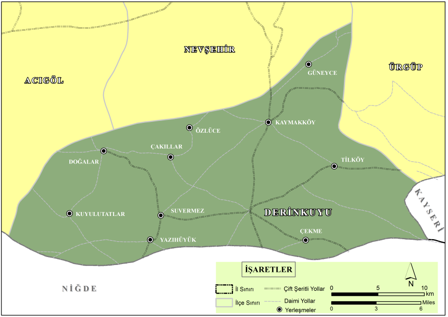 NEVŞEHİR TURİZMİNİN ÇEŞİTLENDİRİLMESİNE YÖNELİK EKO TURİZM EYLEM PLANI -3 Harita 5 Derinkuyu İlçe Haritası Kaymaklı Yeraltı Şehri: Nevşehir'in km. güneyinde Kaymaklı kasabasındadır.