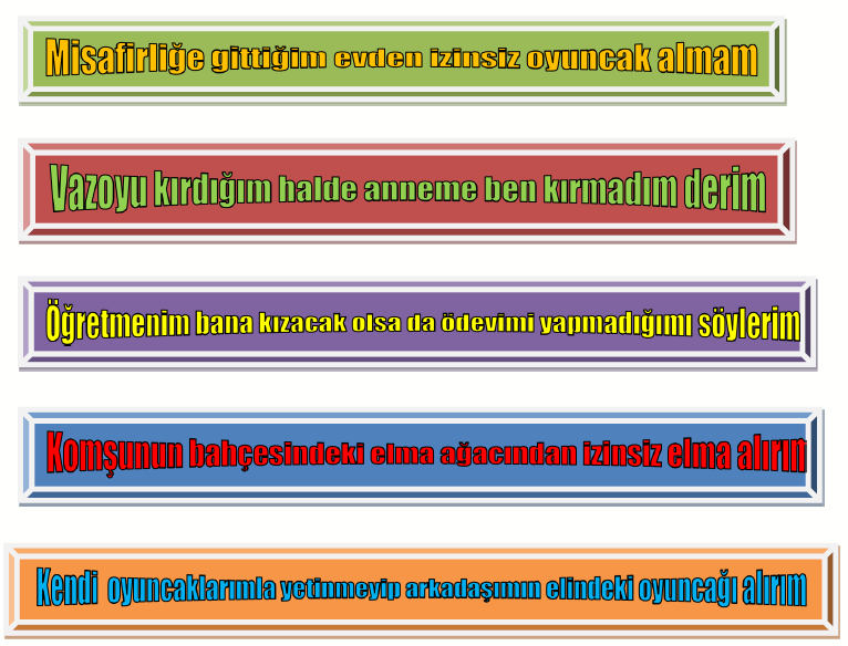 SINIF İÇİ ETKİNLİK DOĞRULUK-YALANCILIK PANOSU Doğruluk, dürüstlük ve yalancılıkla ilgili panoya iki köşe hazırlanır.