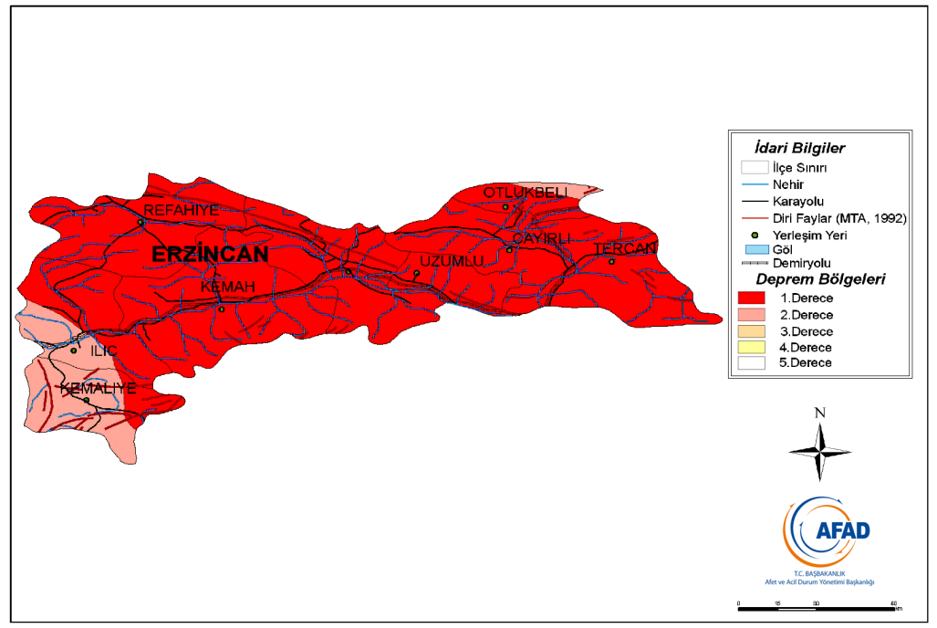 Erzincan il merkezi 1. derecede tehlikeli deprem bölgesinde olup Kuzey Anadolu Fay Sistemi nin çok etkin olduğu Erzincan Ovası nın içindedir (ġekil 9). ġekil 9.