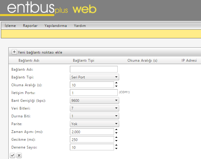 Gecikme(ms): Networkün cevap verme süresidir.(tavsiye edilen 250 ms. dir.) Deneme Sayısı: Gateway in cihazları okurken başarısız okuma denemesinin maksimum sayısı burada belirlenir.