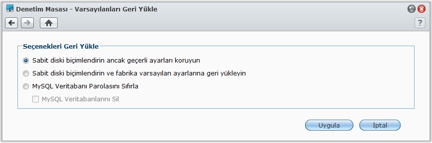 Admin'in parolasını sıfırlamak için: Synology DiskStation Kullanım Kılavuzu Synology DiskStation sunucunuzun arka panelindeki RESET düğmesine basın ve bir bip sesi duyana kadar 4 saniye basılı tutun.