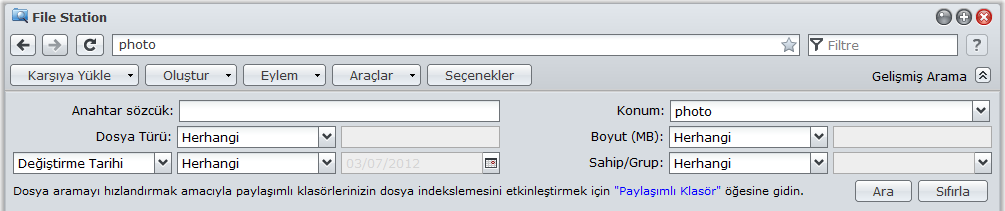 Dosyaları veya Klasörleri Arayın Synology DiskStation Kullanım Kılavuzu Geçerli klasördeki dosyaları veya klasörleri filtre edebilirsiniz.