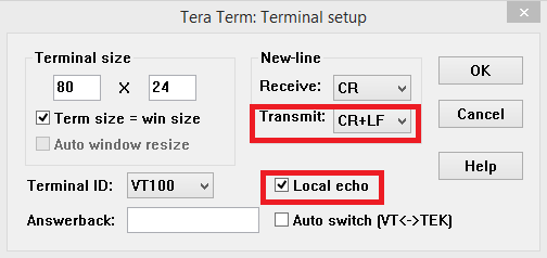 Açılan pencerede Setup>Terminal sekmesine tıklıyoruz. Burada Transmit ayarını CR+LF şeklinde değiştiriyoruz ve Local Echo kutucuğunu tıklıyoruz. Artık komutları girebiliriz.