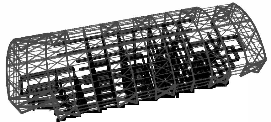 Şekil 3 Çelik konferans salonu ve betonarme yapının sonlu eleman modeli.